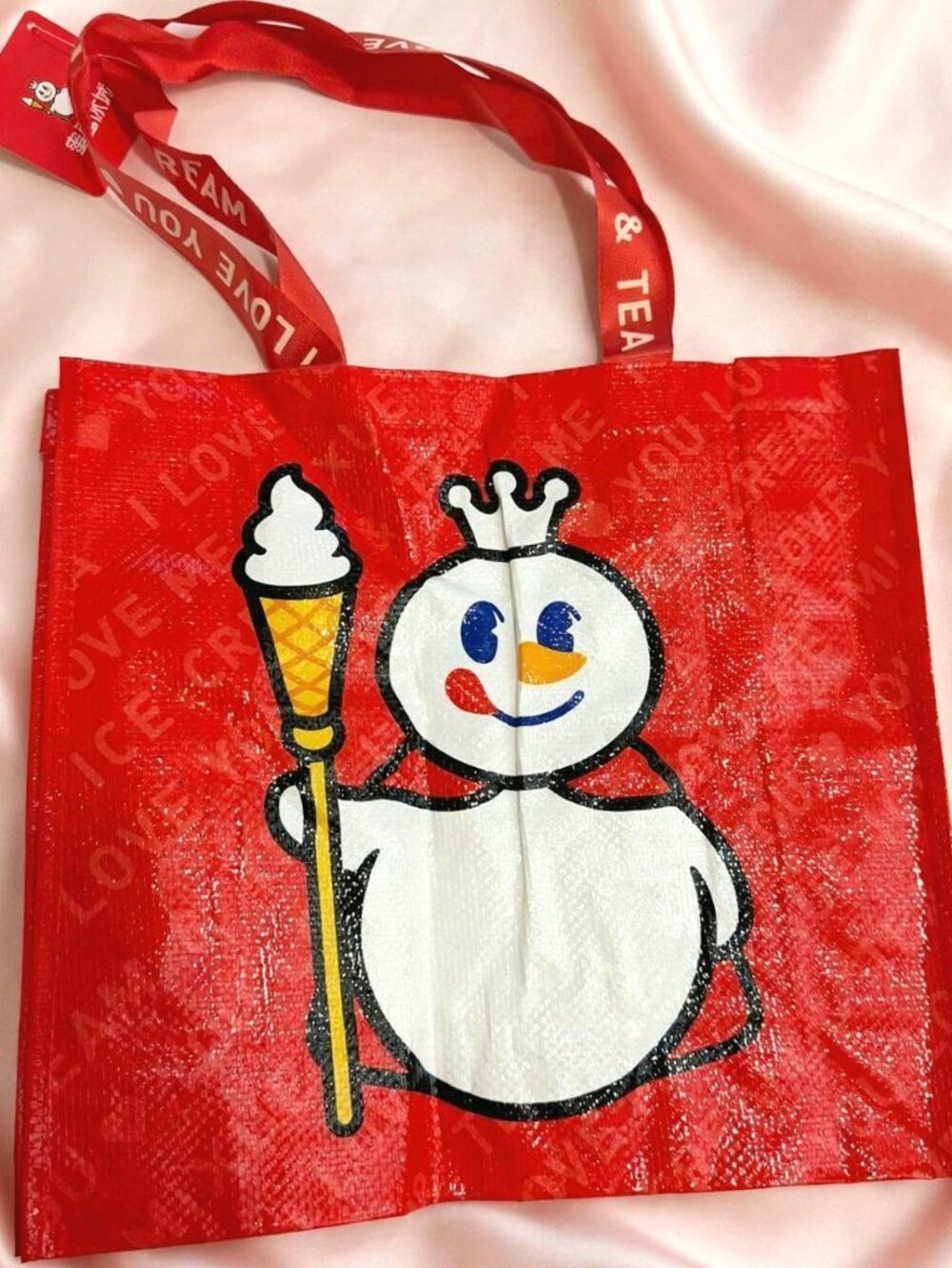 Mixue Ice Cream Red Woven Tote Bag Snowman